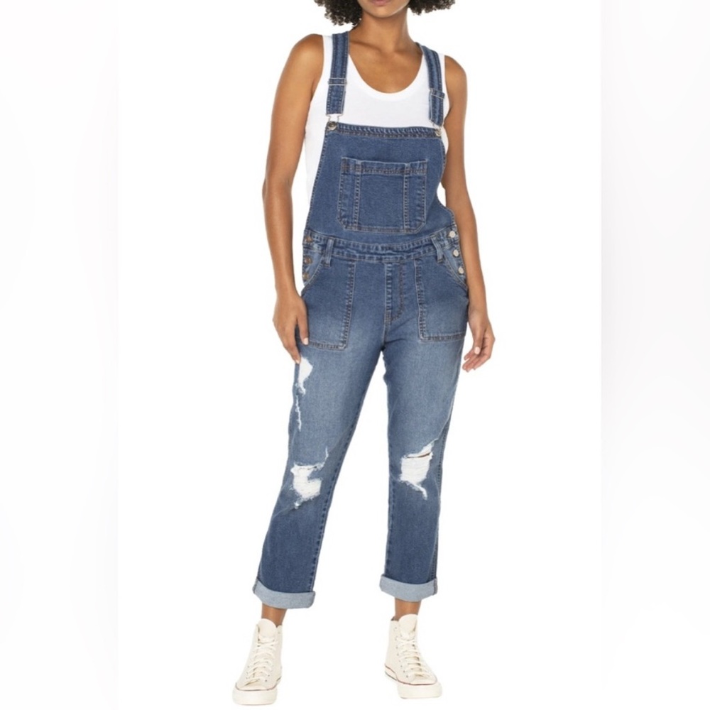 Celebrity Pink Relaxed Distressed Women’s Overalls Dark Wash Size Large EUC